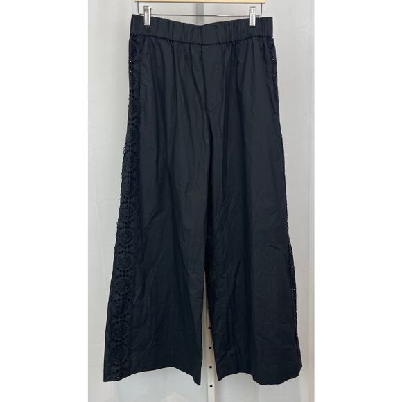 NWT SEA New York Maeve Eyelet Track Pants Pull On Wide Leg Cotton Poplin Black L - Picture 1 of 11